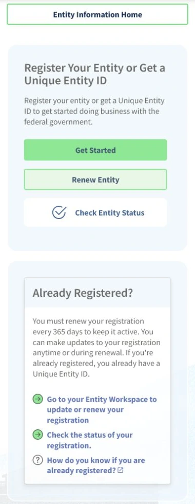 SAM.gov public page showing Renew Entity and Check Entity Status actions with annual renewal guidance